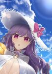  1girl blue_sky bow breasts cleavage cloud fate/grand_order fate_(series) hat hat_bow highres huge_breasts lens_flare long_hair o-ring o-ring_top passionlip_(fate) pink_eyes purple_hair sky sun_hat to_moyomoyo 
