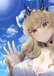 1girl barghest_(fate) blonde_hair blue_sky breasts choker cleavage cloud fate/grand_order fate_(series) green_eyes heterochromia highres huge_breasts lens_flare long_hair o-ring o-ring_choker red_eyes sky smile to_moyomoyo waving 