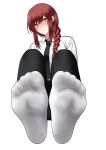  1girl absurdres black_necktie blush braid chainsaw_man closed_mouth collared_shirt commission feet foot_focus full_body highres long_braid long_hair long_sleeves looking_at_viewer makima_(chainsaw_man) necktie no_shoes oirin paid_reward_available pixiv_commission presenting_foot red_hair ringed_eyes shirt sidelocks simple_background single_braid sitting socks soles solo toes white_background white_shirt white_socks yellow_eyes 
