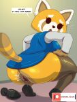 aggretsuko ailurid anal_juice anal_juice_string anthro anus bodily_fluids breasts butt buttplug buttplug_pull_out clothed clothing crouching dialogue female gaping gaping_anus genitals hi_res ike_marshall legwear mammal no_underwear plug_(sex_toy) puffy_anus pussy red_panda retsuko sanrio sex_toy solo speech_bubble stockings sweat