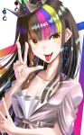  1girl brown_eyes brown_hair commentary crown dress earrings fang galaco hand_up haya_shuu jewelry long_hair multicolored_hair open_mouth pink_dress smile solo streaked_hair tongue tongue_out tsurime upper_body vocaloid w white_background 