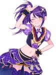  1girl ;d absurdres arm_up between_fingers collared_shirt commentary_request cowboy_shot frilled_skirt frills gold_trim hand_on_own_hip highres holding hourai_ninjin idol_clothes long_hair looking_at_viewer navel one_eye_closed open_mouth pretty_series pripara purple_hair purple_shirt purple_skirt purple_thighhighs shirt side_ponytail simple_background skirt smile solo standing thighhighs toudou_shion white_background wrist_cuffs yellow_eyes 