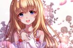  1girl amagi_brilliant_park bad_id bad_pixiv_id blonde_hair blue_eyes blush cherry_blossoms collarbone cross cross_necklace dress drill_hair drill_sidelocks eyelashes falling_petals hand_on_own_chest jewelry latifa_fleuranza long_hair looking_at_viewer miazi necklace open_mouth petals sidelocks solo upper_body very_long_hair white_dress 