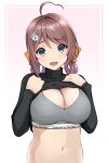  1girl ahoge black_sweater braid breasts brown_hair chougei_(kancolle) cleavage clothes_lift grey_eyes grey_sports_bra hair_rings highres kantai_collection kodama_(mmt_uf) large_breasts lifted_by_self long_hair navel ribbed_sweater solo sports_bra sweater sweater_lift twin_braids two-tone_swimsuit upper_body 