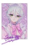  1girl border bow character_name character_signature closed_mouth detached_collar green_eyes grey_hair hair_between_eyes jjuu0105 looking_at_viewer maid maid_headdress pink_bow pink_ribbon polaroid pretty_series pripara purple_background ribbon shikyoin_hibiki short_hair solo upper_body white_border 