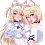  2girls animal_ears black_collar blonde_hair blue_eyes blue_hair blue_nails breasts cellphone cleavage collar commentary dog_ears dog_girl fingernails fuwawa_abyssgard hair_ornament hairclip highres holding holding_phone hololive hololive_english long_hair medium_breasts mococo_abyssgard multicolored_hair multiple_girls nail_polish open_mouth p-nekoe phone pink_hair red_eyes short_hair siblings simple_background sisters two-tone_hair upper_body virtual_youtuber white_background x_hair_ornament 