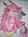 caedrhnmar_(artist) chain_necklace fur hi_res jewelry necklace painting_(artwork) portrait red_body red_fur sergal sleeveless_shirt smile solo teeth tongue tongue_out traditional_media_(artwork) watercolor_(artwork)