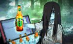  1girl artist_name beer_bottle black_eyes black_hair cerveza_cristal colored_skin commentary cooler dress english_commentary forest glass_bottle highres ice long_hair looking_at_viewer nature outdoors product_placement scanlines short_sleeves smile solo the_ring twitter_username upper_body very_long_hair wallace_pires white_dress white_skin yamamura_sadako 