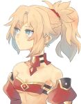  1girl bandeau bare_shoulders blonde_hair braid breasts cleavage closed_mouth collarbone detached_sleeves fate/apocrypha fate/grand_order fate_(series) green_eyes hair_ornament hair_scrunchie high_ponytail kidhukaji mordred_(fate) mordred_(fate/apocrypha) parted_bangs red_bandeau red_scrunchie scrunchie sidelocks simple_background small_breasts solo upper_body white_background 