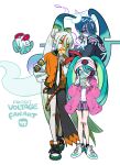  3girls aqua_hair beanie fighting_miku_(project_voltage) floating ghost_miku_(project_voltage) gradient_hair green_eyes hat hatsune_miku highres jacket letterman_jacket looking_at_another miniskirt multicolored_hair multiple_girls necktie pokemon project_voltage psychic_miku_(project_voltage) rotom rotom_phone shoes simple_background skirt smile sneakers take_(illustrator) twintails two-tone_hair vocaloid white_hair 