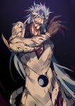  1boy absurdres bleach blood blood_on_clothes blood_on_face blood_on_hands blue_eyes blue_hair claws dark_background glowing glowing_eyes grimmjow_jaegerjaquez hand_up highres light_blue_hair long_hair male_focus monster_boy open_mouth sharp_teeth solo teeth xi_luo_an_ya 