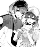  2girls absurdres alternate_costume bag bare_shoulders baseball_cap bracelet commentary_request dot_nose frilled_shirt frills greyscale hair_between_eyes hair_ornament hairclip hat heart heart_hands highres hololive hoshimachi_suisei jewelry long_hair looking_at_viewer medium_hair monochrome multiple_girls necklace off-shoulder_shirt off_shoulder open_mouth outstretched_arm puffy_short_sleeves puffy_sleeves reaching reaching_towards_viewer sakura_miko selfie shirt short_sleeves side_ponytail sidelocks simple_background smile star_(symbol) star_necklace t-shirt tozaki_(r_sailing) upper_body virtual_youtuber visor_cap white_background 