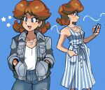  1girl blue_background blue_eyes brown_hair denim dress earrings flower_earrings hands_in_pockets holding holding_phone jacket jeans jewelry loveycloud mario_(series) multiple_views pants phone princess_daisy smile striped striped_dress 