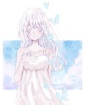  1girl bare_shoulders blue_butterfly blue_eyes blush bug butterfly closed_mouth cloud collarbone dress hand_on_own_chest hand_up highres kotono_n0 long_hair looking_at_viewer original sky sleeveless sleeveless_dress solo strap_slip sundress white_dress white_hair 