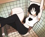  1girl absurdres arms_up black_eyes black_hair commentary cropped_shirt highres jeff_miga looking_at_viewer medium_hair midriff navel original sitting solo toilet toilet_paper 
