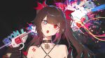  1girl :o bare_shoulders bell black_choker black_gloves blunt_bangs brown_hair choker collarbone commentary_request confetti criss-cross_halter english_text explosion firing flower_in_eye flower_tattoo gloves gun halterneck honkai:_star_rail honkai_(series) kuroduki_(pieat) long_hair looking_at_viewer neck_bell open_mouth portrait red_eyes revolver snubnosed_revolver solo sparkle_(honkai:_star_rail) symbol_in_eye tattoo twintails weapon 