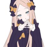  1girl :o abigail_williams_(fate) black_bow black_dress black_headwear blue_eyes blush_stickers bow commentary dress expressionless fate/grand_order fate_(series) fingernails hair_bow hat head_tilt light_brown_hair long_hair long_sleeves looking_at_viewer multiple_hair_bows orange_bow parted_bangs parted_lips polka_dot polka_dot_bow simple_background solo steepled_fingers sumi_(gfgf_045) upper_body white_background 