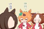  3girls :d ^_^ ahoge air_groove_(umamusume) animal_ears blush_stickers brown_background brown_hair chibi closed_eyes dirty dirty_clothes dirty_face faceless faceless_female gomashio_(goma_feet) hair_between_eyes hair_ornament hairband horse_ears horse_girl horse_tail jacket long_sleeves meisho_doto_(umamusume) multicolored_hair multiple_girls o_o orange_hair pink_hairband red_jacket simple_background sleeves_past_wrists smile star_(symbol) star_hair_ornament taiki_shuttle_(umamusume) tail track_jacket translation_request two-tone_hair umamusume white_hair 