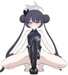  1girl apprehension black_dress black_gloves black_hair blue_archive blush butterfly_hair_ornament china_dress chinese_clothes dildo double_bun dress gloves grey_eyes grey_halo hair_between_eyes hair_bun hair_ornament halo huge_dildo imminent_masturbation imminent_penetration kisaki_(blue_archive) long_hair print_dress sex_toy side_slit simple_background spread_legs stonewill twintails very_long_hair white_background 