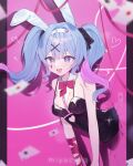  1girl animal_ears bare_shoulders black_leotard blue_eyes blue_hair bow bowtie breasts card cleavage clothing_cutout crossed_bangs detached_collar fake_animal_ears hair_ornament hatsune_miku heart heart-shaped_pupils heart_cutout highres leotard looking_at_viewer miyuchiq multicolored_hair open_mouth pink_pupils playboy_bunny playing_card rabbit_ears rabbit_hole_(vocaloid) ribbon smile solo stomach_cutout symbol-shaped_pupils teardrop_facial_mark through_wall twintails two-tone_hair vocaloid x_hair_ornament 