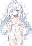  +_+ 1girl animal_ears ass_visible_through_thighs azur_lane bed blue_eyes blush braid choker cleft_of_venus fake_animal_ears hands_on_own_chest le_malin_(azur_lane) le_malin_(listless_lapin)_(azur_lane) leg_belt looking_at_viewer lying niku_(hamuchang) official_alternate_costume pussy pussy_peek rabbit_ears silver_hair solo twin_braids white_hair wrist_cuffs 