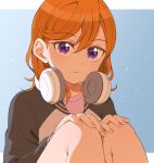  1girl closed_mouth commentary_request hair_between_eyes headphones headphones_around_neck highres jacket jenny_(artist) knees_to_chest looking_at_viewer love_live! love_live!_superstar!! medium_hair orange_hair pink_shirt purple_eyes shade shibuya_kanon shirt sitting solo swept_bangs upper_body white_jacket 