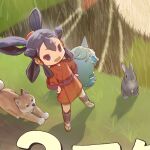  1girl black_eyes black_hair dog grass japanese_clothes kimono komainu looking_at_viewer open_mouth rabbit red_kimono rice_(plant) rice_paddy sakuna-hime sandals smile tama-jii tensui_no_sakuna-hime y_koichi 