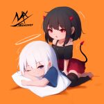  2girls ;) angel angel_and_devil angel_girl_(shimmer) artist_name bangs bare_shoulders barefoot black-haired_demon_girl_(shimmer) black_hair black_legwear black_shirt blue_eyes blue_shirt chibi demon_girl demon_horns demon_tail eyebrows_visible_through_hair full_body girl_on_top hair_between_eyes halo highres horns lying massage multiple_girls no_shoes off-shoulder_shirt off_shoulder on_stomach one_eye_closed orange_background original parted_lips pillow pleated_skirt red_eyes red_skirt shimmer shirt short_sleeves skirt smile symbol-only_commentary tail thighhighs white_hair wide_sleeves yuri 
