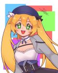  1girl :d blonde_hair blue_headwear breasts choker cleavage cropped_jacket dokibird_(vtuber) earrings green_eyes grey_jacket hat highres indie_virtual_youtuber jacket jewelry long_hair looking_at_viewer meiidayo20 open_clothes open_jacket open_mouth shirt signature single_earring small_breasts smile solo teeth twintails underbust upper_body upper_teeth_only virtual_youtuber white_shirt 