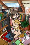 anthro bad_guy_cafe book bookshelf brown_eyes brown_hair canid canine canis domestic_dog duo female fur furniture hair hi_res horn lagomorph leporid mammal membrane_(anatomy) membranous_wings ocerydia_zoona pictures plant rabbit shiba_inu sky spade_tail spitz tail tan_body tan_fur tongue tongue_out window wings workshop yaya_(ziegrydia) yellow_body yellow_fur ziegelzeig