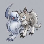  absol animal_focus blue_eyes claws commentary forehead_jewel grey_background grey_fur horns lycanroc lycanroc_(midday) no_humans one_eye_closed pokemon pokemon_(creature) red_eyes simple_background single_horn soruva_359 symbol-only_commentary tail white_fur wolf 
