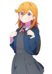  1girl afnroll backpack bag black_bag blue_jacket closed_mouth collared_shirt commentary_request dress grey_dress hair_between_eyes highres jacket long_sleeves looking_at_viewer love_live! love_live!_superstar!! medium_hair neck_ribbon open_clothes open_jacket orange_hair pinafore_dress purple_eyes red_ribbon ribbon school_uniform shibuya_kanon shirt sleeveless sleeveless_dress smile solo standing swept_bangs upper_body white_background white_shirt winter_uniform yuigaoka_school_uniform 