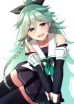  1girl bangs black_gloves black_legwear black_ribbon black_serafuku black_skirt blush braid braided_ponytail detached_sleeves eyebrows_visible_through_hair gloves green_hair green_neckwear hair_between_eyes hair_flaps hair_ribbon highres kantai_collection katsuobushi_(eba_games) long_hair open_mouth pleated_skirt ribbon school_uniform serafuku simple_background skirt smile solo thighhighs uniform white_background yamakaze_(kancolle) yamakaze_kai_ni_(kancolle) 