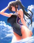  1girl black_hair blue_sky breasts cloud commentary competition_swimsuit day highres idolmaster idolmaster_shiny_colors large_breasts looking_at_viewer one-piece_swimsuit ponytail shirase_sakuya sky solo swimsuit thighs ulrich_(tagaragakuin) wet 