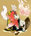  2boys animal_ears black_pants blue_eyes brown_background character_request closed_mouth dark-skinned_male dark_skin fox_ears fox_tail frown green_eyes grey_hair inazuma_eleven_(series) inazuma_eleven_go indian_style japanese_clothes kimono l_hakase looking_at_viewer male_focus multiple_boys open_mouth pants profile raccoon_tail red_kimono sandals sash short_hair sitting smile smoke tail tail_raised white_hair white_kimono white_tail wolf_ears wolf_tail 