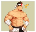  1boy abs absurdres bandaged_arm bandages bara blush closed_mouth cowboy_shot daimon_gorou dougi fujimachine_(clayten) headband highres large_pectorals male_focus mature_male muscular muscular_male navel nipples pants pectorals short_hair sideburns smile solo stomach the_king_of_fighters thick_eyebrows topless_male veins white_pants 