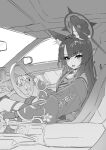  1girl animal_ear_fluff animal_ears blue_archive blush car_interior fingerless_gloves fox_ears fox_girl gloves greyscale halo highres japanese_clothes jun_project kimono long_hair long_sleeves looking_at_viewer looking_to_the_side monochrome open_mouth sailor_collar single_thighhigh sitting smile solo steering_wheel thighhighs wakamo_(blue_archive) wide_sleeves 