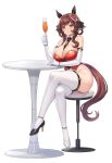  1girl alternate_costume animal_ears arm_support ass asymmetrical_footwear bare_shoulders between_breasts black_necktie braid breasts brown_hair chair commentary covered_navel crossed_legs cup detached_collar dot_nose ear_covers elbow_gloves english_commentary gentildonna_(umamusume) gloves grin hair_between_eyes hair_ornament hand_up high_heels highleg highleg_leotard highres holding holding_cup horse_ears horse_girl horse_tail large_breasts leotard long_hair looking_at_viewer mismatched_footwear necktie necktie_between_breasts red_eyes shiny_skin sidelocks simple_background sitting smile solo stool table tail thighhighs thighs umamusume unfinished v-shaped_eyebrows vococo white_background white_gloves white_thighhighs 