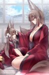  1girl absurdres amagi-chan_(azur_lane) amagi_(azur_lane) animal_ear_fluff animal_ears azur_lane blue_sky breasts brown_eyes brown_hair closed_mouth cloud cloudy_sky collarbone commentary_request day fox_ears fox_girl hair_ornament highres japanese_clothes kimono large_breasts long_hair looking_at_another mother_and_daughter open_mouth red_kimono samip sidelocks sitting sky smile tree very_long_hair window 