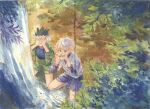  2boys bare_legs black_hair blue_eyes blue_shirt blue_shorts child chinese_commentary covering_face covering_own_eyes cupping_hands day drinking fishdry gon_freecss green_jacket green_shorts grey_shirt hands_up highres holding hunter_x_hunter jacket killua_zoldyck kneeling leaf long_sleeves male_focus multiple_boys open_clothes outdoors own_hands_together painting_(medium) shirt short_hair shorts spiked_hair splashing traditional_media washing_face water watercolor_(medium) waterfall white_hair white_shirt 
