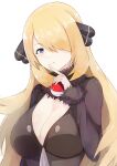  1girl a-kiraa_(whisper) absurdres black_coat black_shirt blonde_hair blush breasts cleavage closed_mouth coat cynthia_(pokemon) fur-trimmed_sleeves fur_collar fur_trim grey_eyes hair_ornament hair_over_one_eye hand_up highres holding holding_poke_ball large_breasts long_hair long_sleeves looking_at_viewer poke_ball poke_ball_(basic) pokemon pokemon_(game) pokemon_dppt shirt simple_background solo upper_body very_long_hair white_background 