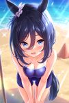  1girl animal_ears bangs bare_arms bare_legs bare_shoulders beach black_hair blue_eyes blue_swimsuit blush breasts cleavage collarbone day eishin_flash_(umamusume) eyebrows_visible_through_hair hair_between_eyes highres horse_ears horse_girl horse_tail large_breasts looking_at_viewer ocean one-piece_swimsuit open_mouth sand short_hair smile solo sparkle swimsuit tail tomo_(tmtm_mf_mf) umamusume 