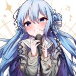  1girl aran_sweater blue_choker blue_eyes blue_hair blush cable_knit cardigan choker commentary double-parted_bangs grey_cardigan grin hair_between_eyes hair_bun hands_up highres holding holding_microphone hololive hoshimachi_suisei hoshimachi_suisei_(school_uniform) long_hair long_sleeves looking_at_viewer matcha_amigo microphone musical_note official_alternate_costume official_alternate_hair_length official_alternate_hairstyle sailor_collar school_uniform shirt side_up_bun sidelocks simple_background single_side_bun smile solo sweater teeth upper_body very_long_hair virtual_youtuber white_background white_sailor_collar white_shirt 