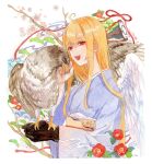  1boy :d absurdres angel_wings bird bird_on_hand black_gloves blonde_hair branch camellia cherry_blossoms falcon fangs feathered_wings flower gloves hawk highres japanese_clothes kimono long_hair looking_at_viewer obi open_mouth original otoko_no_ko painting_(medium) poppy_(flower) purple_kimono red_eyes red_flower red_rope rope sash smile solo srnmomo teeth traditional_media upper_body watercolor_(medium) white_background white_wings wings yellow_sash 