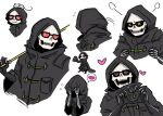  1boy 3d_glasses :3 :d animal bone_print chibi coke-bottle_glasses glasses gloves heart heart_eyes heart_hands hood hood_pull hood_up jacket kyuu_(ost) let_it_die male_focus mouse mouse_on_head opaque_glasses open_mouth oversized_clothes skeleton smile spoken_blush uncle_death white_background 
