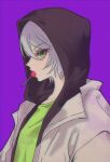  1girl candy commentary_request food green_eyes green_shirt grey_hair grey_jumpsuit hair_between_eyes hood hood_up hooded_jacket jacket jjuu0105 jumpsuit korean_commentary lollipop looking_at_viewer mouth_hold open_clothes open_jacket open_mouth pretty_series pripara profile purple_background shikyoin_hibiki shirt short_hair simple_background solo upper_body 
