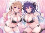  2girls :d arm_strap bare_shoulders black_bra black_panties black_ribbon black_thighhighs blonde_hair blush bra breasts collarbone colored_inner_hair hair_ornament hair_ribbon hands_on_own_chest highres indoors kneeling large_breasts long_hair maid maid_headdress multicolored_hair multiple_girls navel non-web_source on_bed open_mouth original panties pink_eyes pink_hair purple_eyes purple_hair ribbon shiono_(0303) smile stomach thighhighs thighs underwear white_headwear white_thighhighs 
