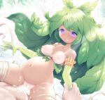  1boy 1girl arm_grab big_belly bikini_tan blue_eyes blush bottomless breasts censored clenched_teeth commentary_request cowgirl_position cum cum_in_pussy elbow_gloves gloves granblue_fantasy green_hair hetero leaf leaf_bikini long_hair mandrake mandrake_(granblue_fantasy) monster_girl mosaic_censoring navel nipples nollety orgasm overflow penis plant_girl pregnant pussy sex solo_focus spread_legs straddling tan tanlines tears teeth thighs vaginal 