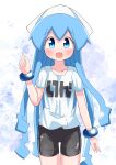  1girl absurdres bike_shorts black_shorts blue_eyes blue_hair cosplay highres ikamusume inkling_player_character inkling_player_character_(cosplay) msb_115mc shinryaku!_ikamusume shorts splatoon_(series) tentacle_hair white_headwear 