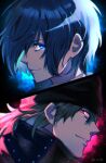  2boys absurdres aragaki_shinjirou black_hair black_headwear blue_eyes blue_hair closed_mouth coat hair_between_eyes hair_over_one_eye hat highres male_focus multiple_boys parted_lips persona persona_3 red_coat red_eyes twitter_username upper_body w_wota yuuki_makoto_(persona_3) 